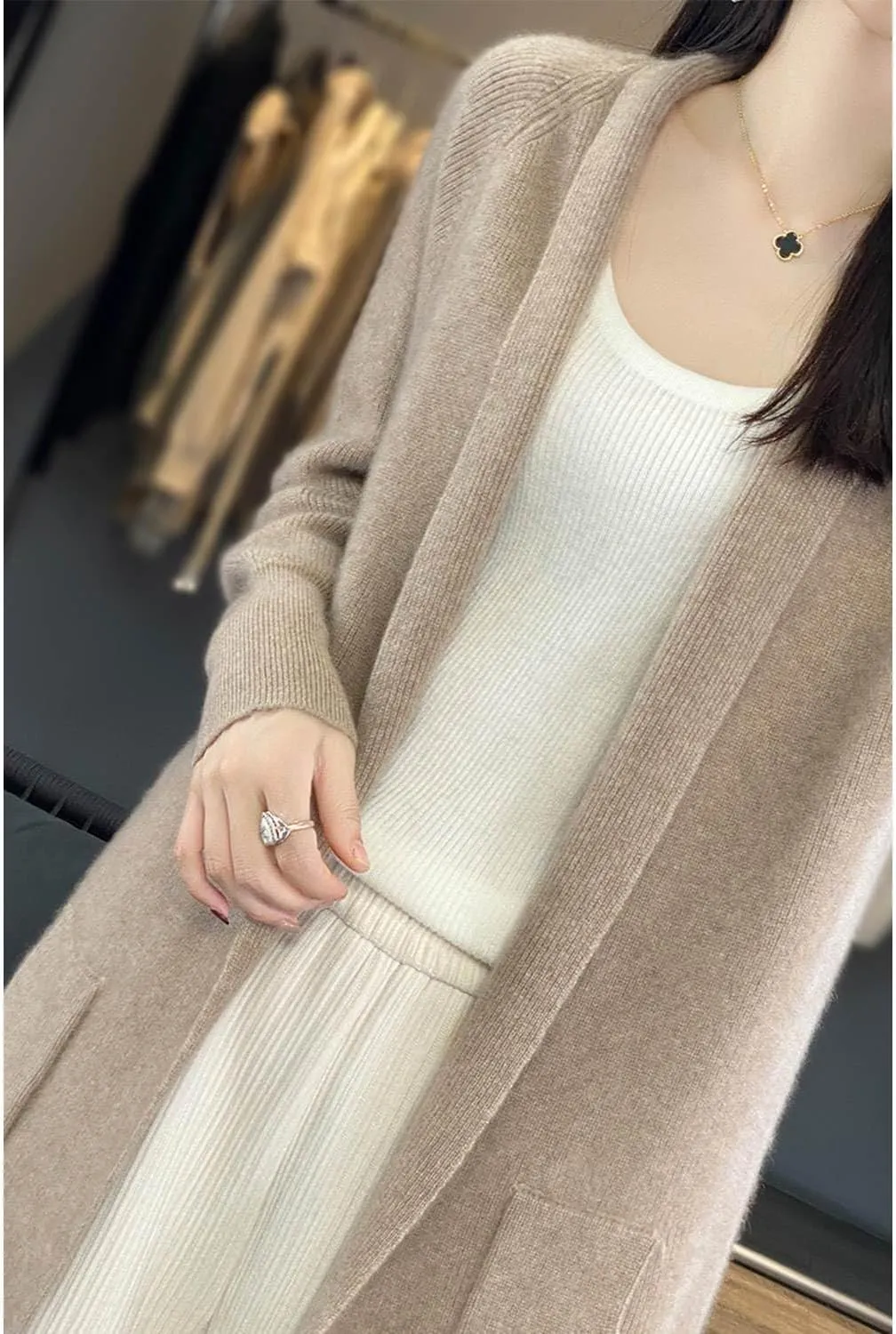 100% Merino Wool Knitted Sweater Cardigans Women's Thick Coat with Pockets Jacket Autumn Winter