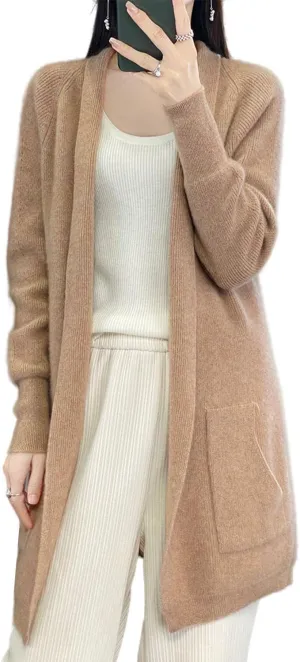 100% Merino Wool Knitted Sweater Cardigans Women's Thick Coat with Pockets Jacket Autumn Winter