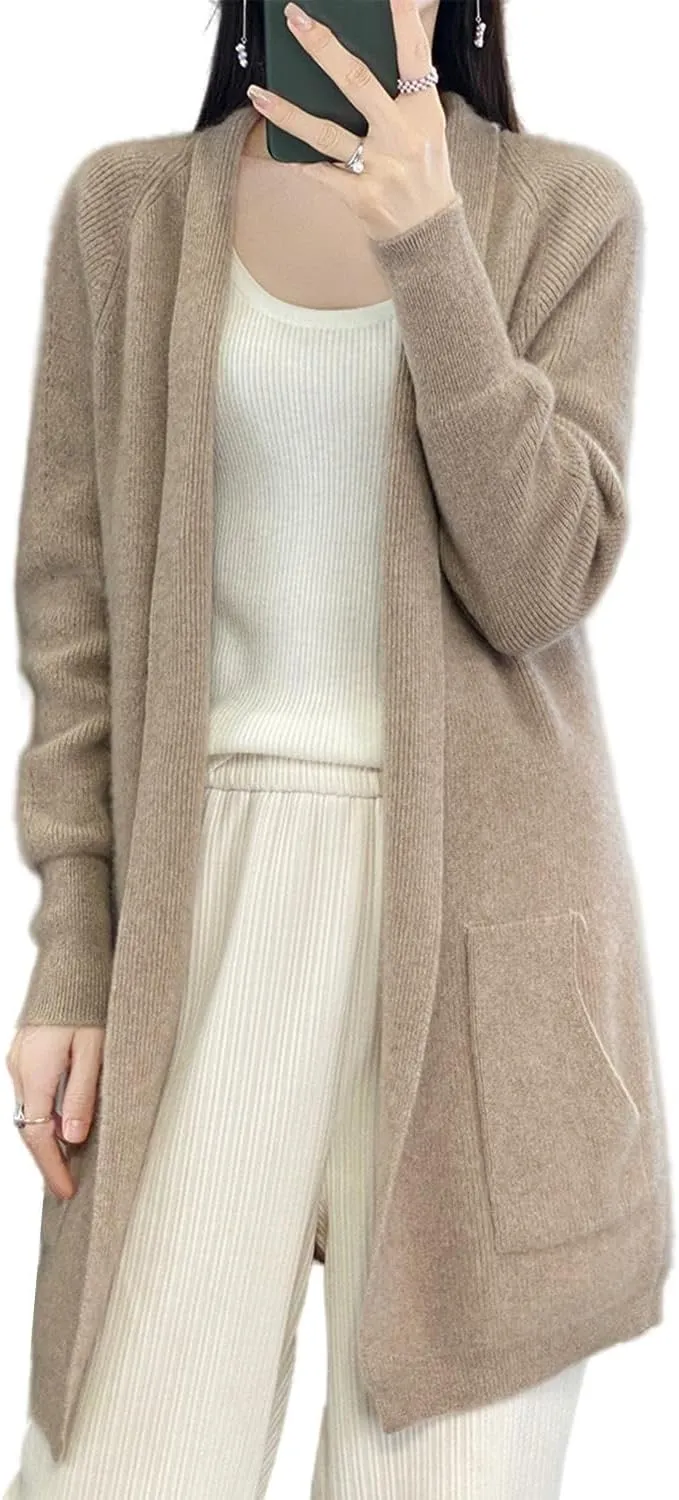 100% Merino Wool Knitted Sweater Cardigans Women's Thick Coat with Pockets Jacket Autumn Winter