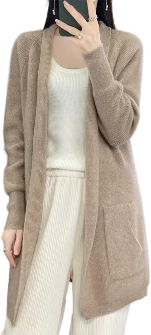 100% Merino Wool Knitted Sweater Cardigans Women's Thick Coat with Pockets Jacket Autumn Winter