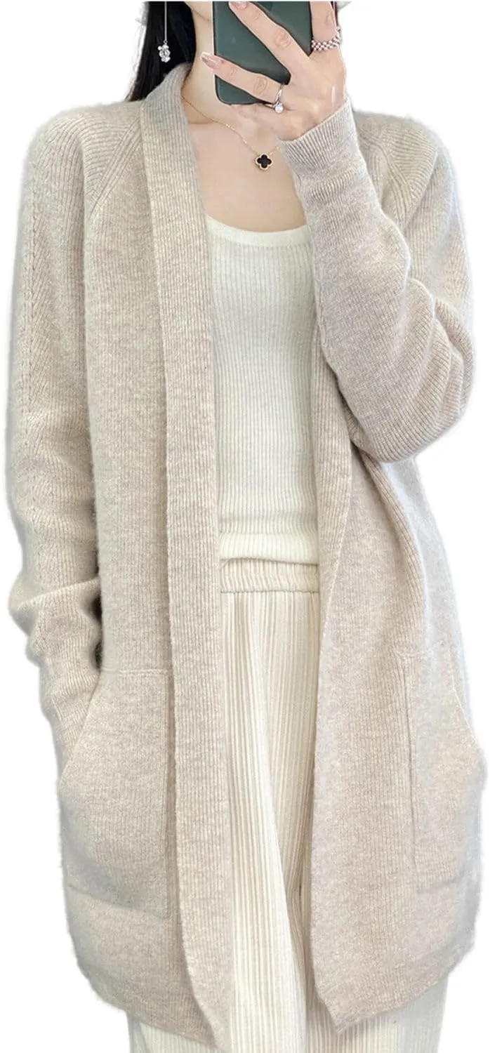 100% Merino Wool Knitted Sweater Cardigans Women's Thick Coat with Pockets Jacket Autumn Winter