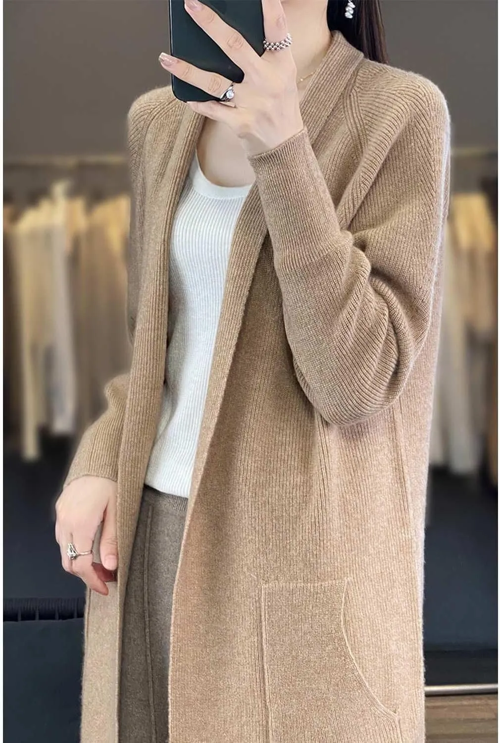 100% Merino Wool Knitted Sweater Cardigans Women's Thick Coat with Pockets Jacket Autumn Winter