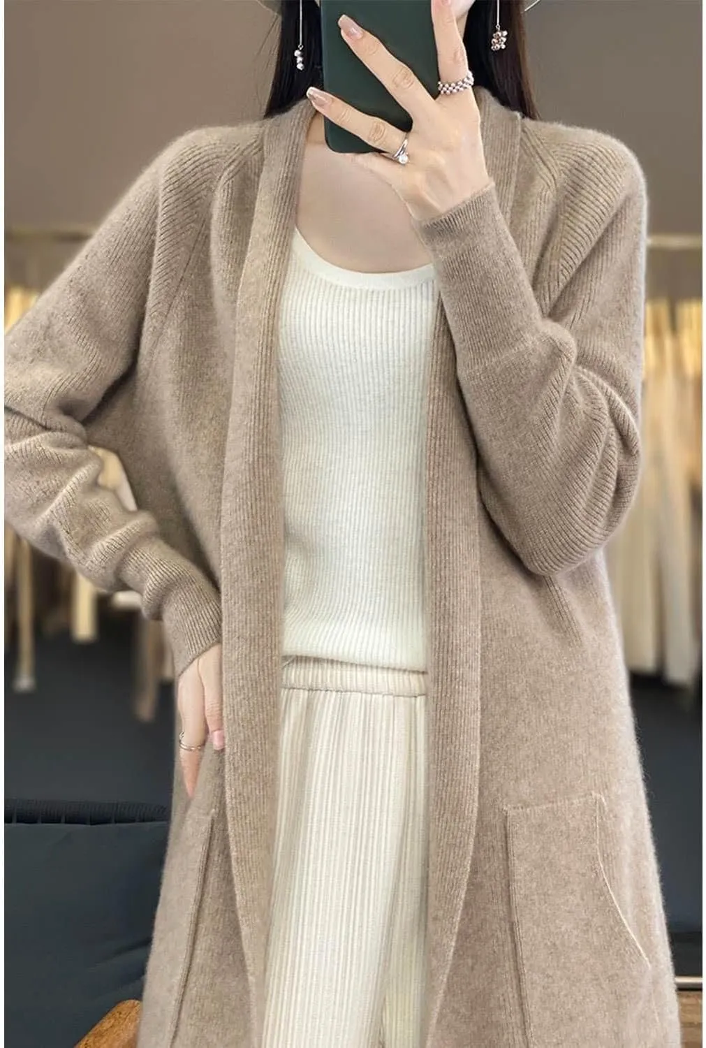 100% Merino Wool Knitted Sweater Cardigans Women's Thick Coat with Pockets Jacket Autumn Winter