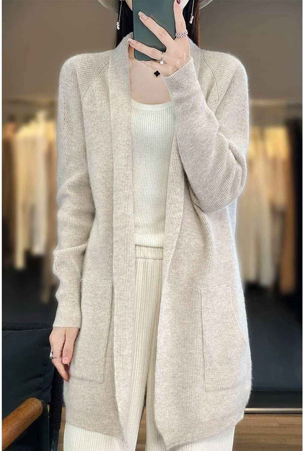 100% Merino Wool Knitted Sweater Cardigans Women's Thick Coat with Pockets Jacket Autumn Winter