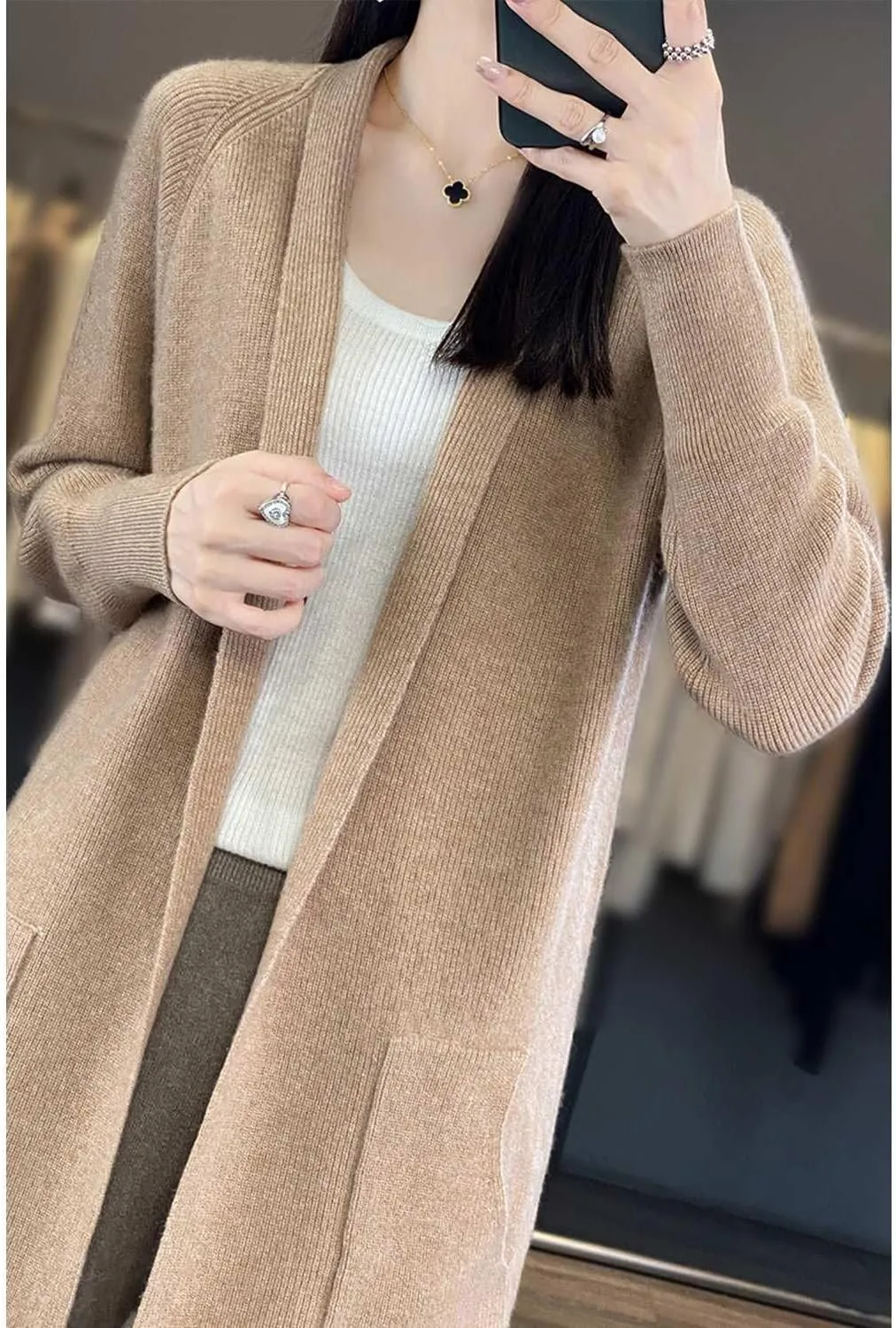 100% Merino Wool Knitted Sweater Cardigans Women's Thick Coat with Pockets Jacket Autumn Winter