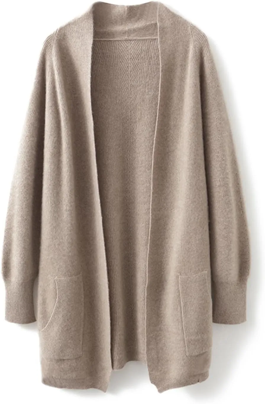 100% Merino Wool Knitted Sweater Cardigans Women's Thick Coat with Pockets Jacket Autumn Winter