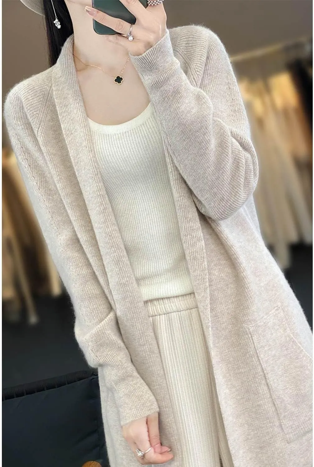 100% Merino Wool Knitted Sweater Cardigans Women's Thick Coat with Pockets Jacket Autumn Winter