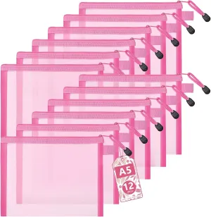 12-Piece Nylon Zipper Pouch Set, Pink Mesh Cosmetic Bags, Zippered Travel & Office Supplies Organizers - A5