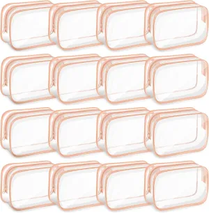 16 PCS Clear Makeup Bags, TSA Approved, Waterproof PVC Travel Bags with Zipper, Portable Transparent Cosmetic Pouches for Women Men Vacation (Pink, Small)