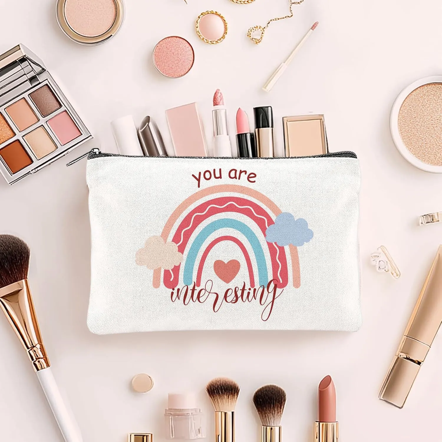 16PCS Rainbow Canvas Cosmetic Bag Bulk Inspirational Quotes Makeup Bags with Zipper Toiletry Bag Encouragement Travel Pouch for Women Girls Teacher Friend Birthday