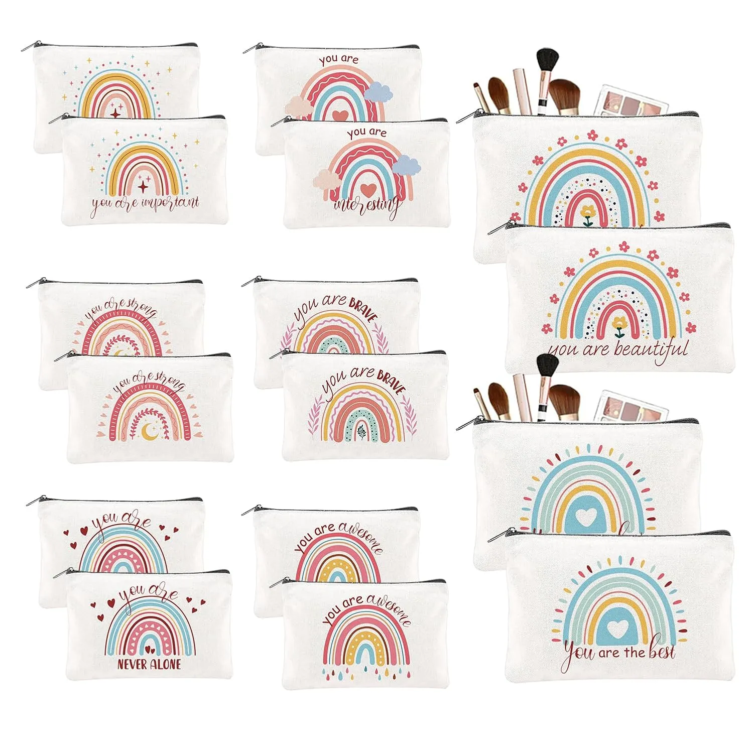 16PCS Rainbow Canvas Cosmetic Bag Bulk Inspirational Quotes Makeup Bags with Zipper Toiletry Bag Encouragement Travel Pouch for Women Girls Teacher Friend Birthday