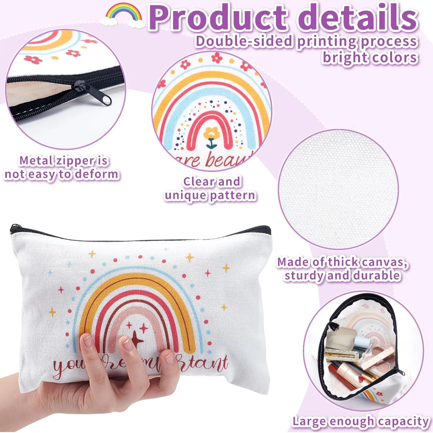 16PCS Rainbow Canvas Cosmetic Bag Bulk Inspirational Quotes Makeup Bags with Zipper Toiletry Bag Encouragement Travel Pouch for Women Girls Teacher Friend Birthday