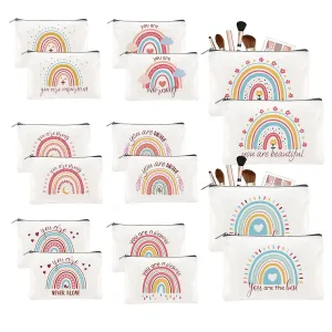16PCS Rainbow Canvas Cosmetic Bag Bulk Inspirational Quotes Makeup Bags with Zipper Toiletry Bag Encouragement Travel Pouch for Women Girls Teacher Friend Birthday