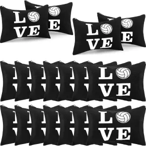 18 Pieces Volleyball Pouch Love Makeup Bag Organizer Travel Women Volleyball Gifts Small Zipper Volleyball Bags Canvas Toiletry Volleyball Team Bag Cute Storage Cosmetic Pencil Case for Players