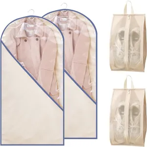 2 Pack Hanging Garment Bags And 2 Pack Shoe Bags, Cotton Canvas Suit Bags Dustproof Clothes Covers With Large Window Moisture-proof Clothes Protector Bags For All Garm(Size:9060cm,Color:Blue-Flat)