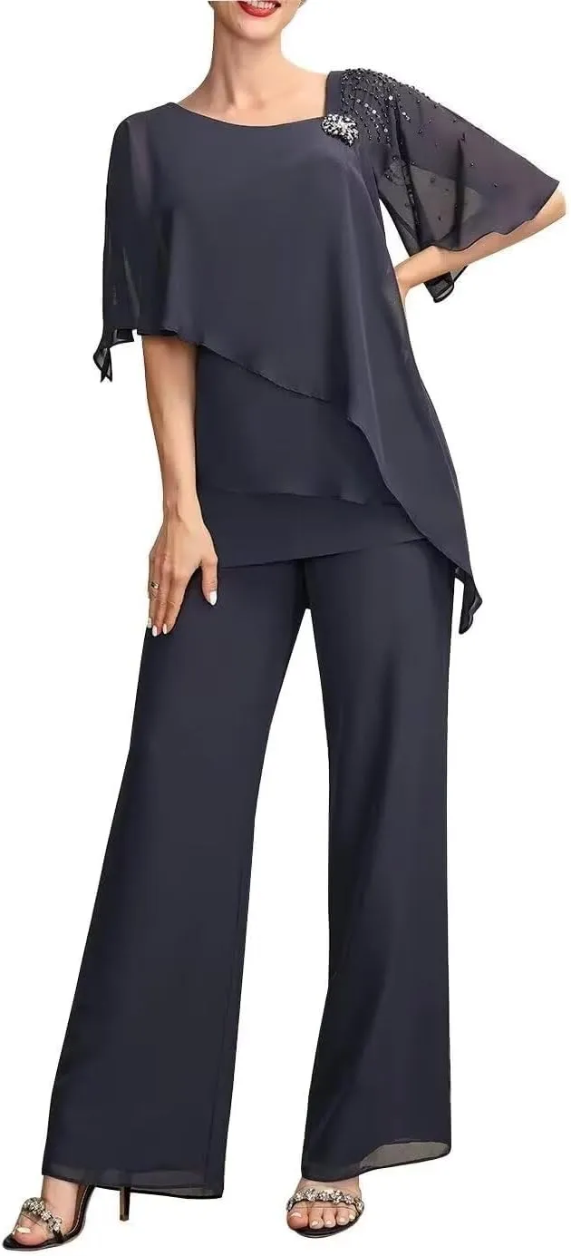2 Pieces Pantsuits Mother of The Bride Dress V-Neck Ankle Length Formal Dresses Evening Gowns for Women