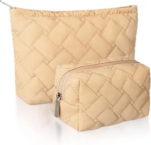 2 Pieces Quilted Makeup Bag Set for Women,Cosmetic Bag,Preppy Travel Make Up Bags for Women,Cute Puffer Travel Makeup Toiletry Bags Set, Easter Birthday Gifts for Teen Girls(Khaki)