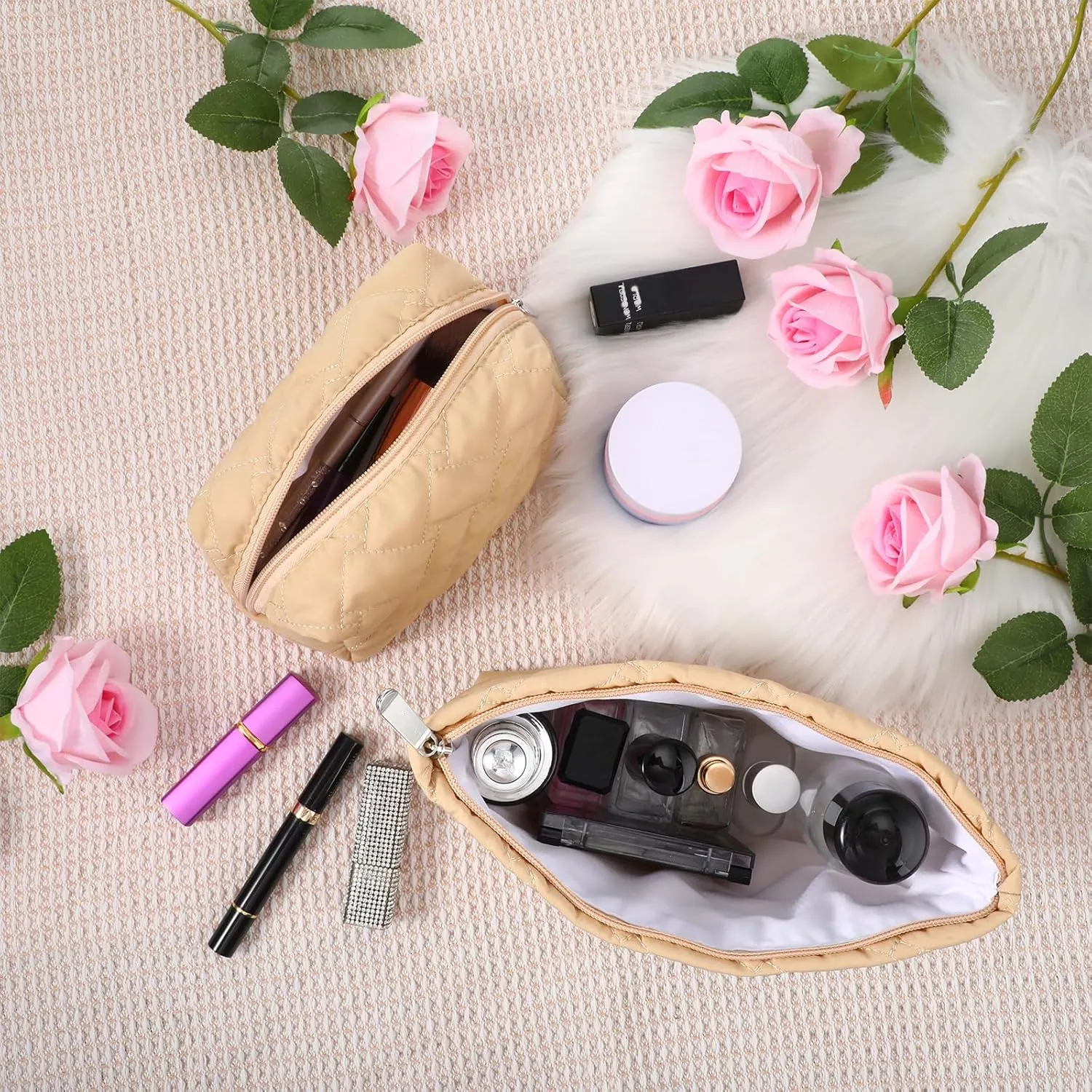 2 Pieces Quilted Makeup Bag Set for Women,Cosmetic Bag,Preppy Travel Make Up Bags for Women,Cute Puffer Travel Makeup Toiletry Bags Set, Easter Birthday Gifts for Teen Girls(Khaki)