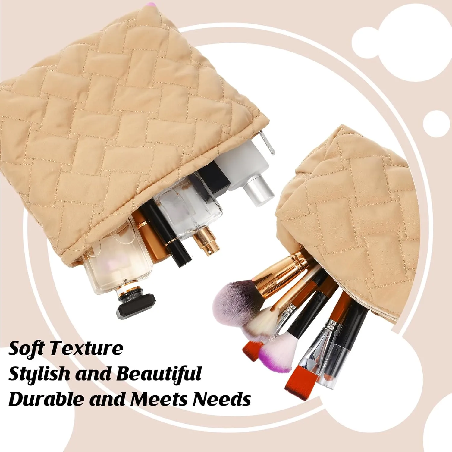 2 Pieces Quilted Makeup Bag Set for Women,Cosmetic Bag,Preppy Travel Make Up Bags for Women,Cute Puffer Travel Makeup Toiletry Bags Set, Easter Birthday Gifts for Teen Girls(Khaki)