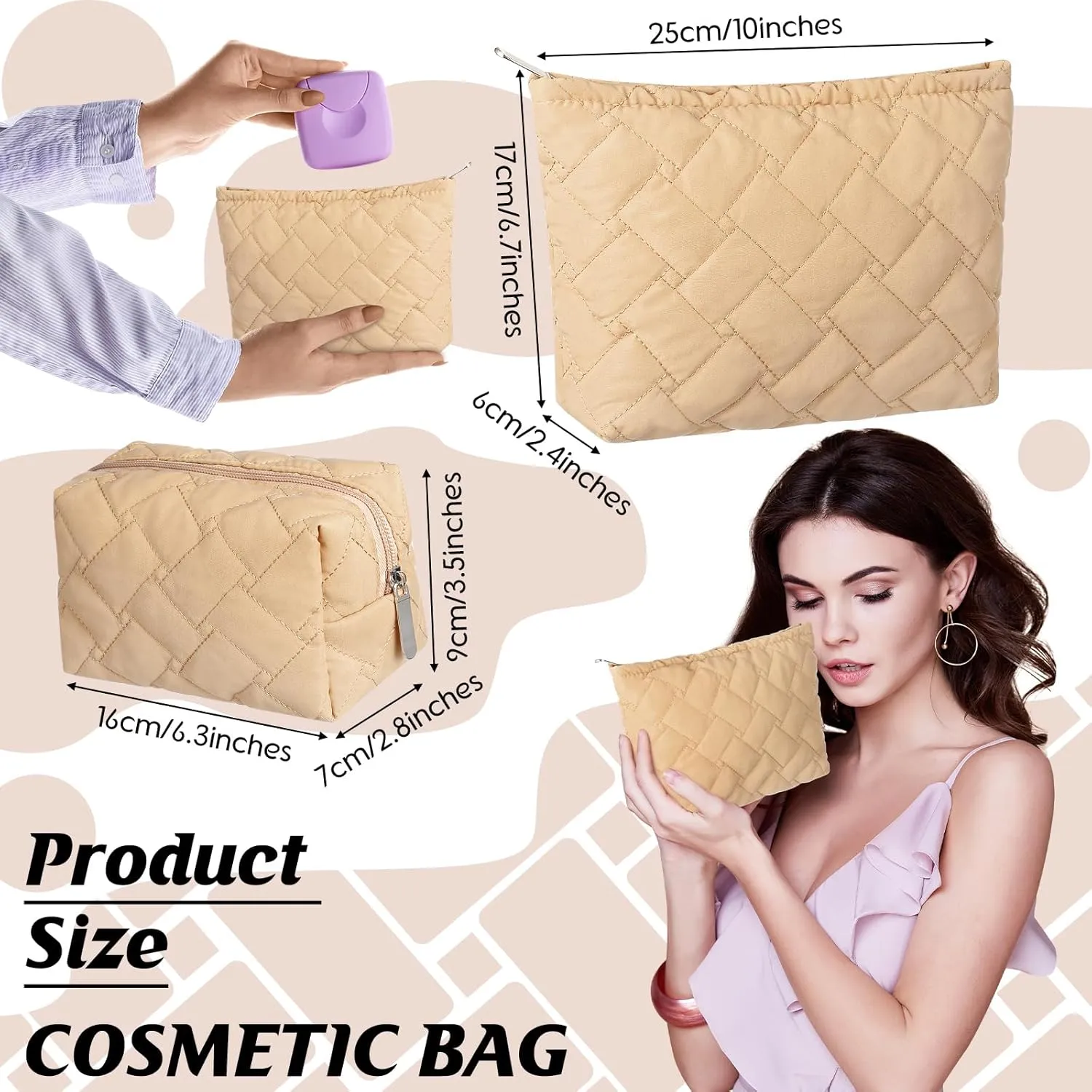 2 Pieces Quilted Makeup Bag Set for Women,Cosmetic Bag,Preppy Travel Make Up Bags for Women,Cute Puffer Travel Makeup Toiletry Bags Set, Easter Birthday Gifts for Teen Girls(Khaki)