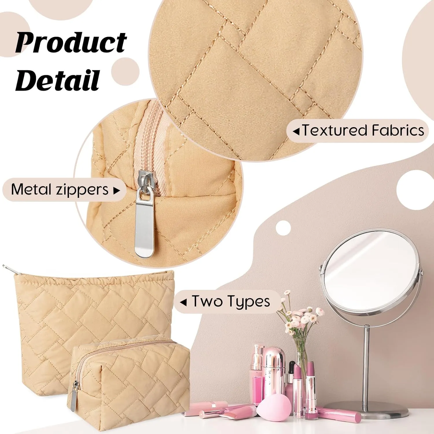 2 Pieces Quilted Makeup Bag Set for Women,Cosmetic Bag,Preppy Travel Make Up Bags for Women,Cute Puffer Travel Makeup Toiletry Bags Set, Easter Birthday Gifts for Teen Girls(Khaki)
