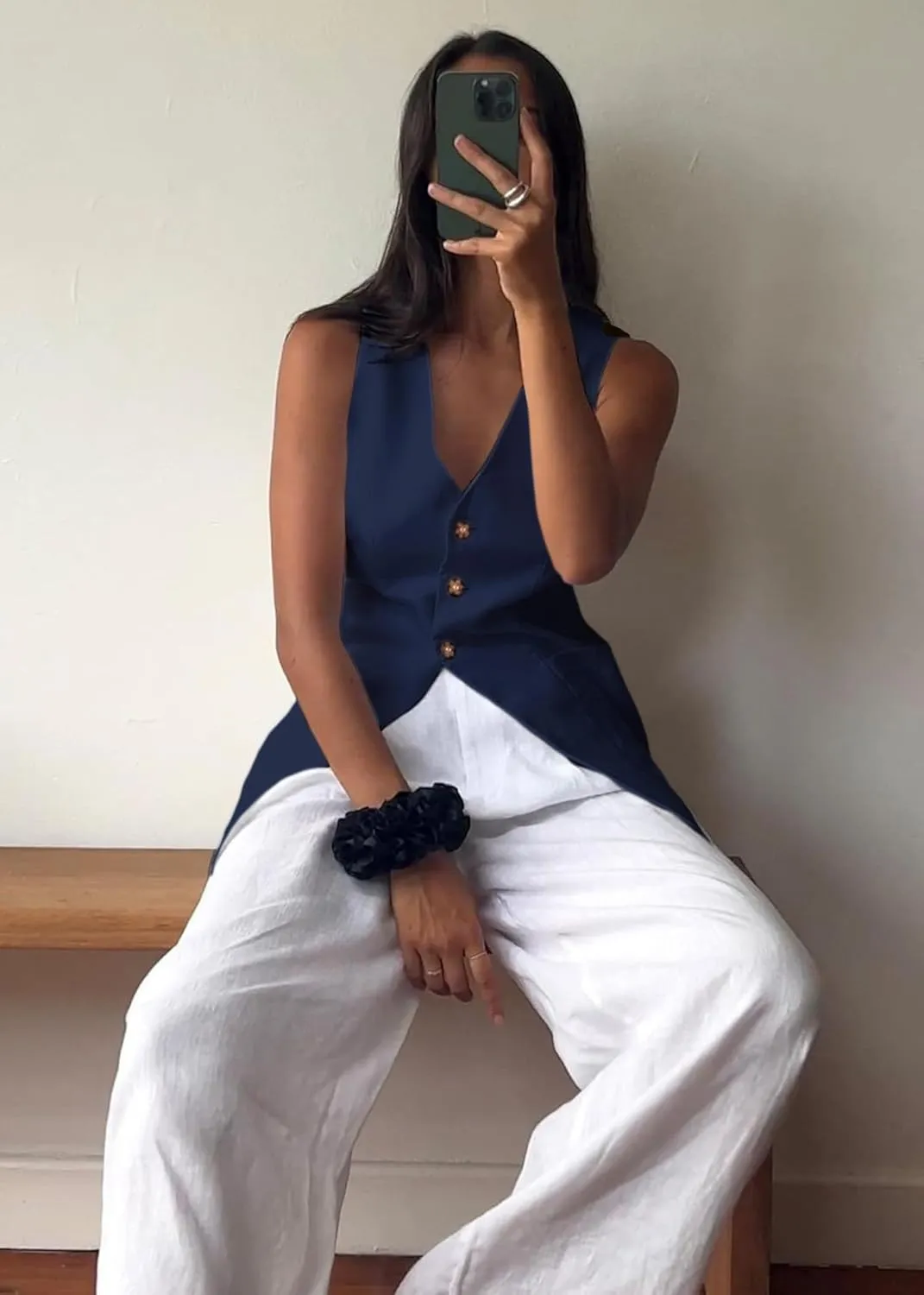 2025 Summer Women's Linen Vest Tops Lightweight Breathable Long Fashion V-Neck Fully-Lined Work Casual Vest Pockets