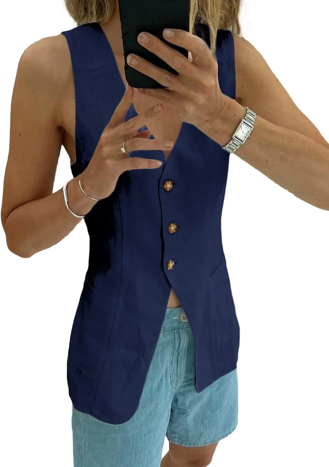2025 Summer Women's Linen Vest Tops Lightweight Breathable Long Fashion V-Neck Fully-Lined Work Casual Vest Pockets