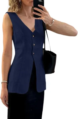 2025 Summer Women's Linen Vest Tops Lightweight Breathable Long Fashion V-Neck Fully-Lined Work Casual Vest Pockets