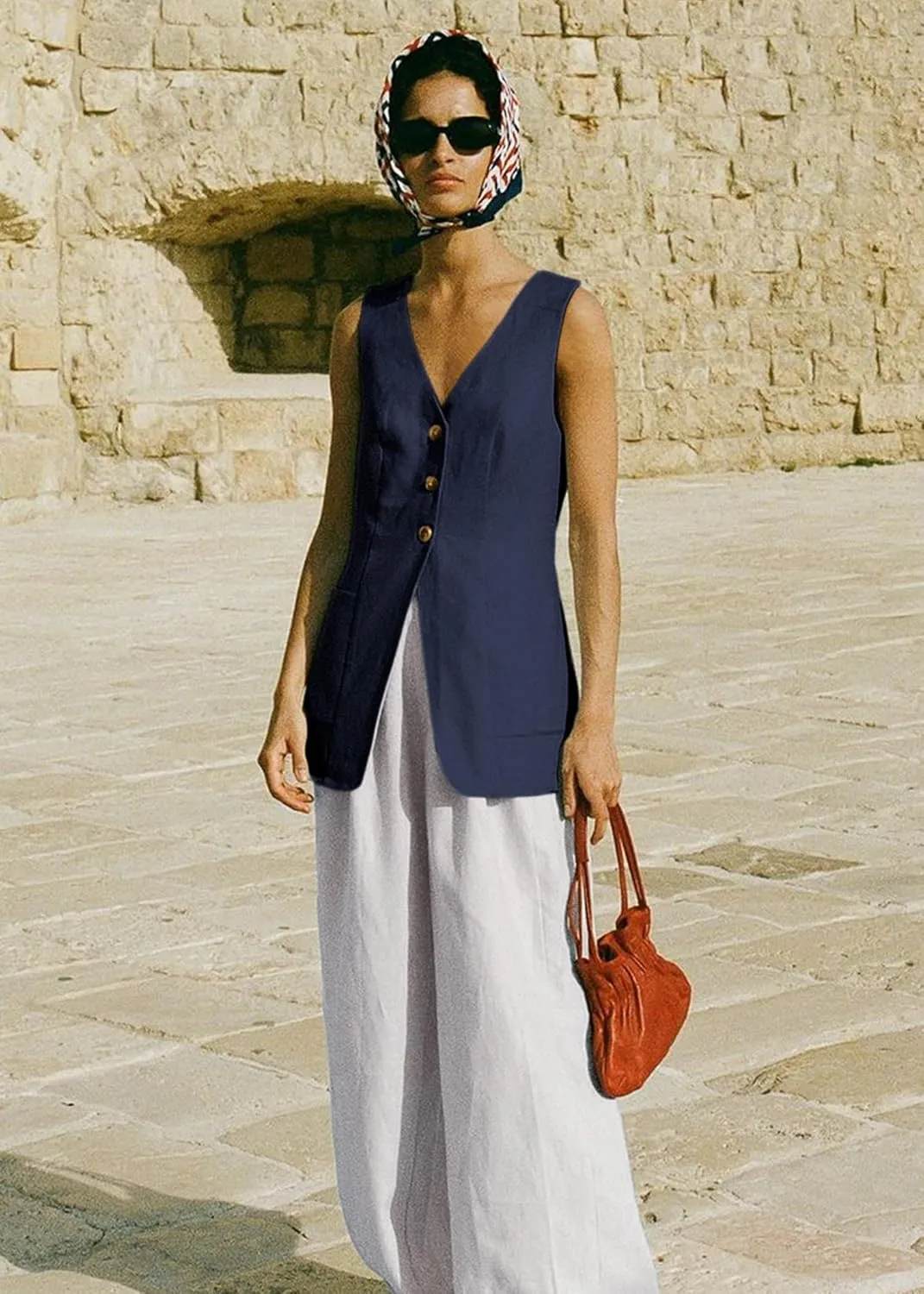 2025 Summer Women's Linen Vest Tops Lightweight Breathable Long Fashion V-Neck Fully-Lined Work Casual Vest Pockets