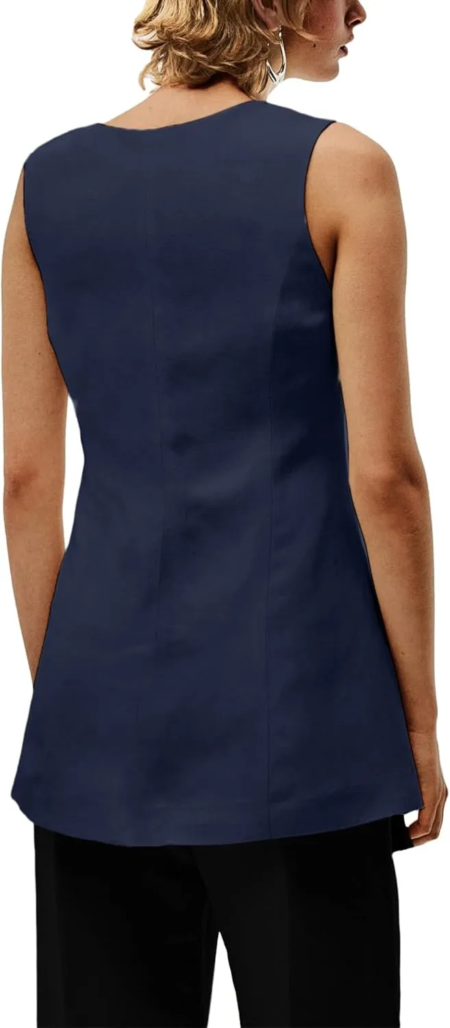 2025 Summer Women's Linen Vest Tops Lightweight Breathable Long Fashion V-Neck Fully-Lined Work Casual Vest Pockets