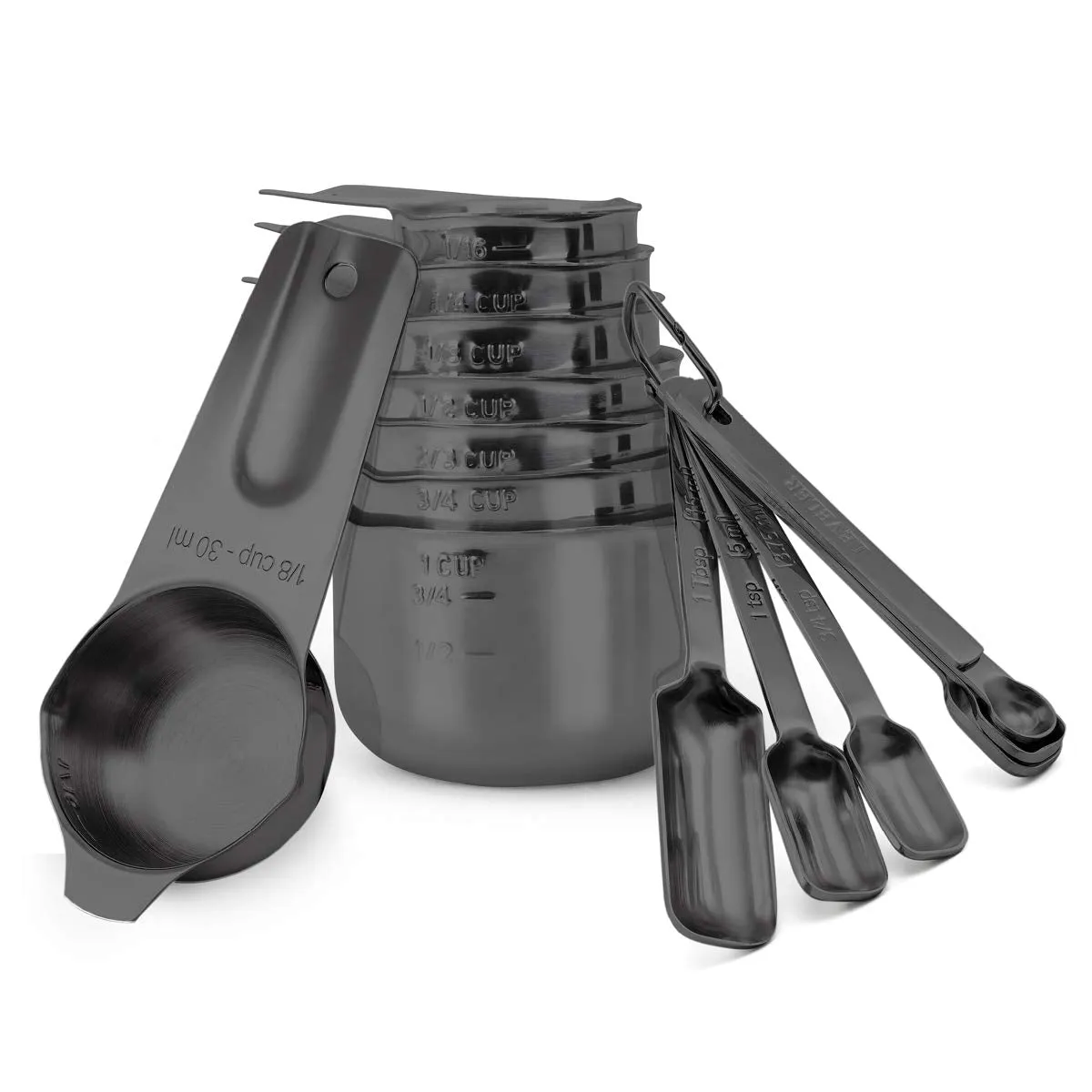 2lbDepot Black Measuring Cups & Spoons Set of 14, Premium Stainless Steel Metal, 7