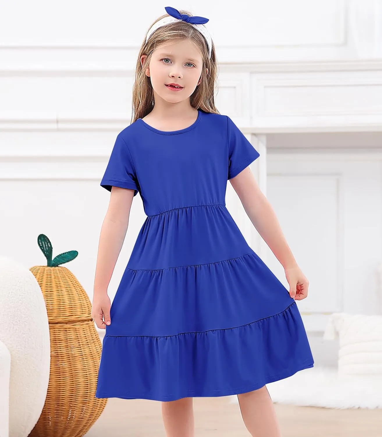 3-7 Years Girls Summer Dresses Tie Back Short Sleeve Ruffle Tiered Twirly Casual Midi Sundress