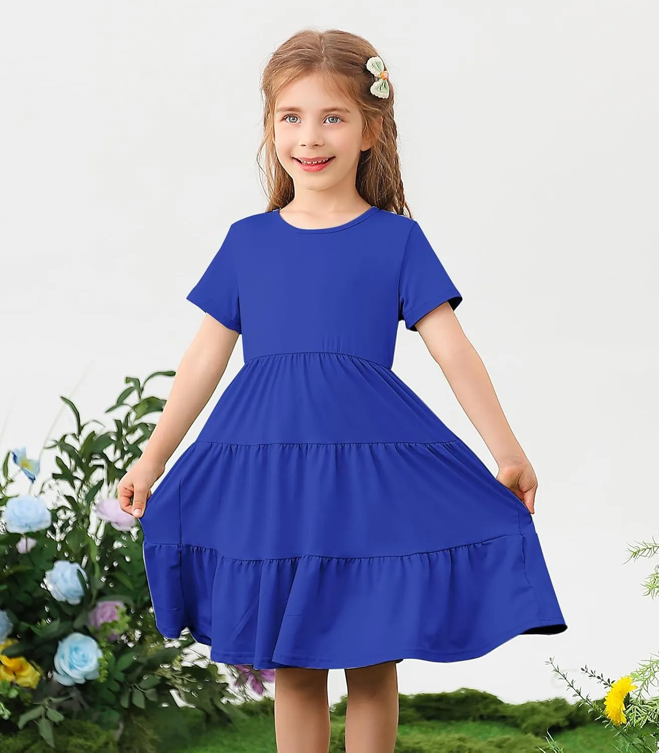 3-7 Years Girls Summer Dresses Tie Back Short Sleeve Ruffle Tiered Twirly Casual Midi Sundress