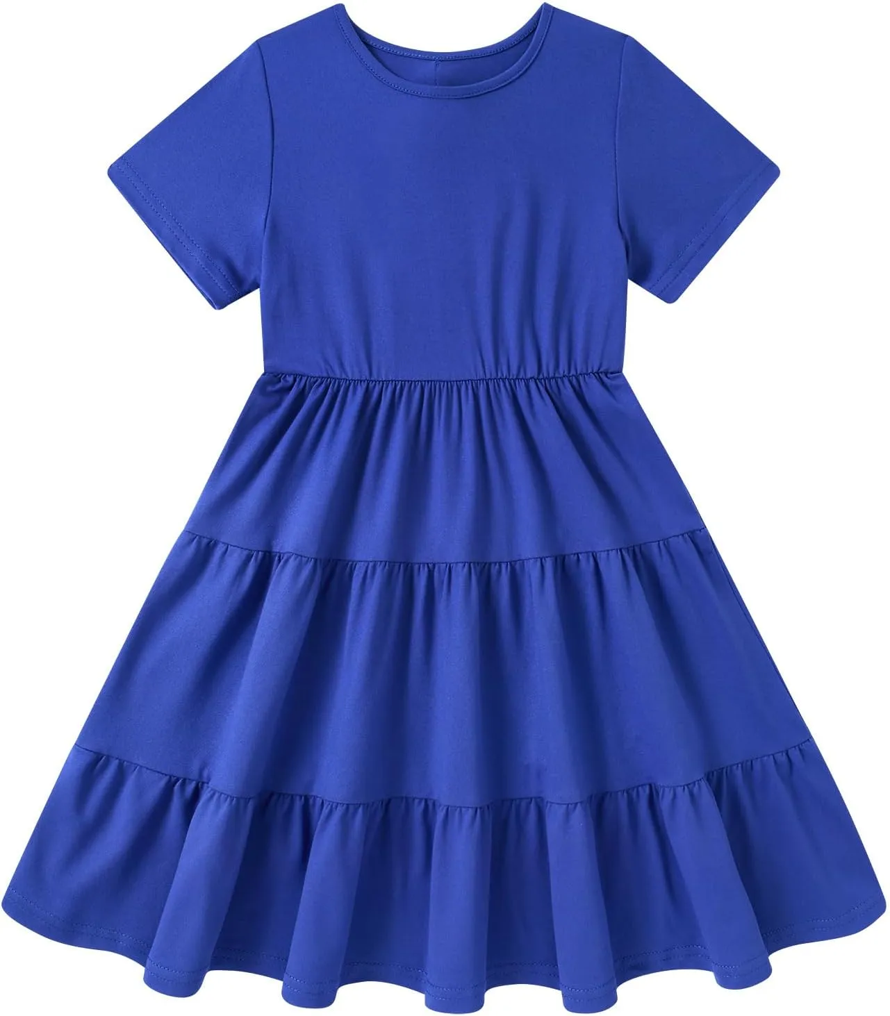 3-7 Years Girls Summer Dresses Tie Back Short Sleeve Ruffle Tiered Twirly Casual Midi Sundress