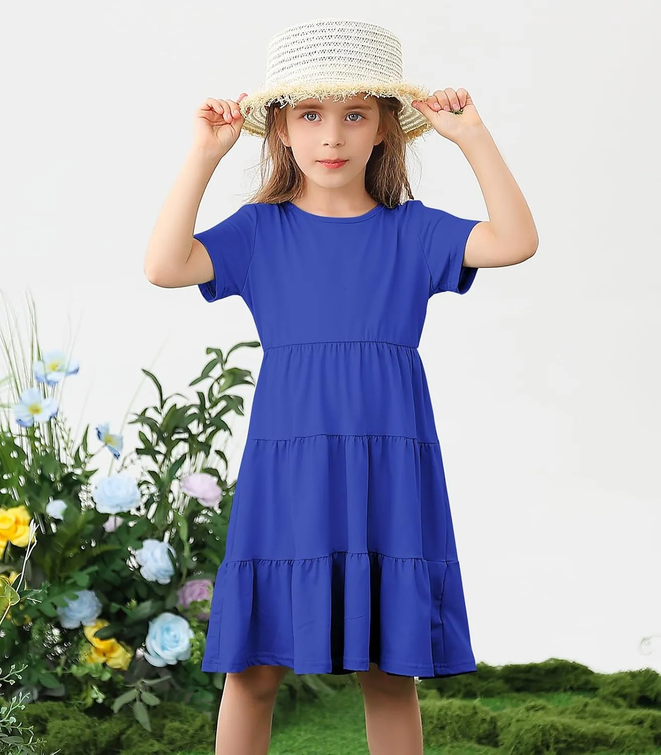 3-7 Years Girls Summer Dresses Tie Back Short Sleeve Ruffle Tiered Twirly Casual Midi Sundress