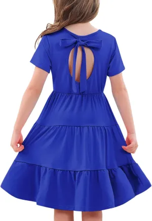 3-7 Years Girls Summer Dresses Tie Back Short Sleeve Ruffle Tiered Twirly Casual Midi Sundress