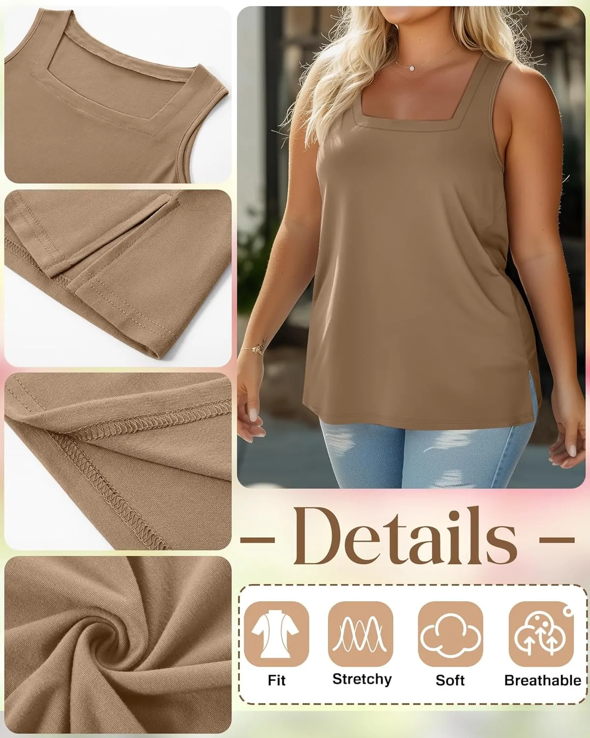 3 Pack Summer Plus Size Tank Tops for Women Sleeveless Tunic Shirts Square Neck Tops Side Slits 1X-5X