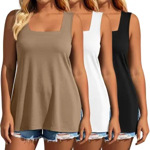 3 Pack Summer Plus Size Tank Tops for Women Sleeveless Tunic Shirts Square Neck Tops Side Slits 1X-5X