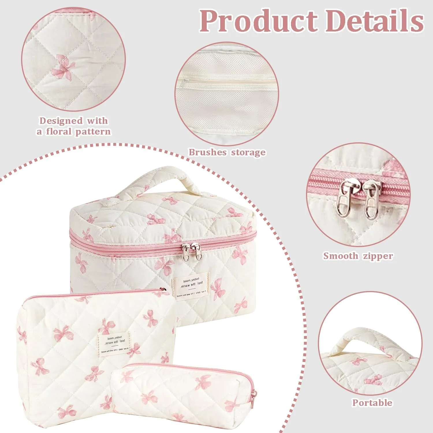3 Pcs Cotton Quilted Makeup Bag Set, Floral Cotton Cosmetic Bag, Aesthetic Toiletry Travel Organizer Bag for Women (White-Pink Bow)