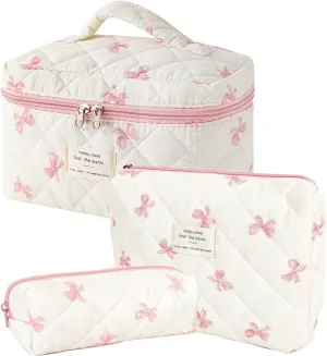 3 Pcs Cotton Quilted Makeup Bag Set, Floral Cotton Cosmetic Bag, Aesthetic Toiletry Travel Organizer Bag for Women (White-Pink Bow)
