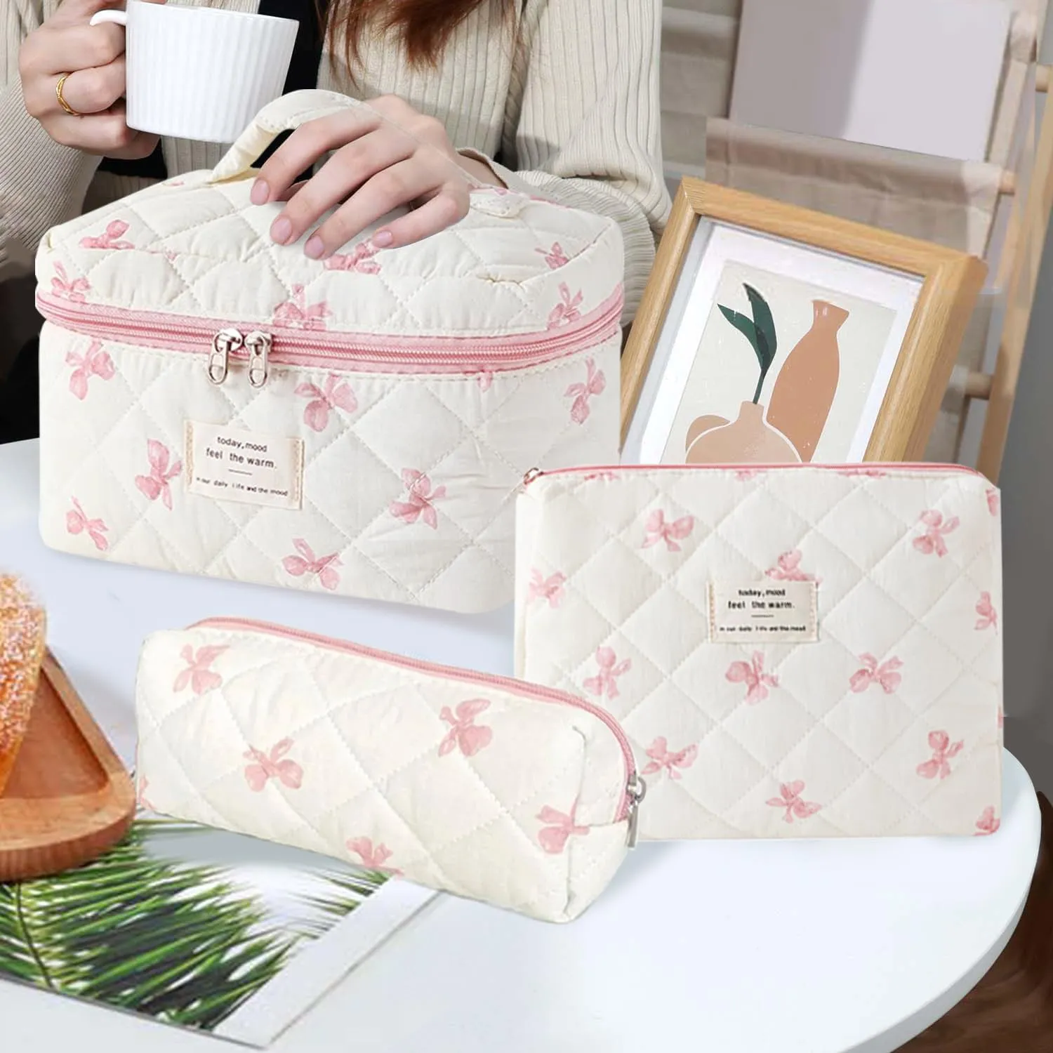 3 Pcs Cotton Quilted Makeup Bag Set, Floral Cotton Cosmetic Bag, Aesthetic Toiletry Travel Organizer Bag for Women (White-Pink Bow)