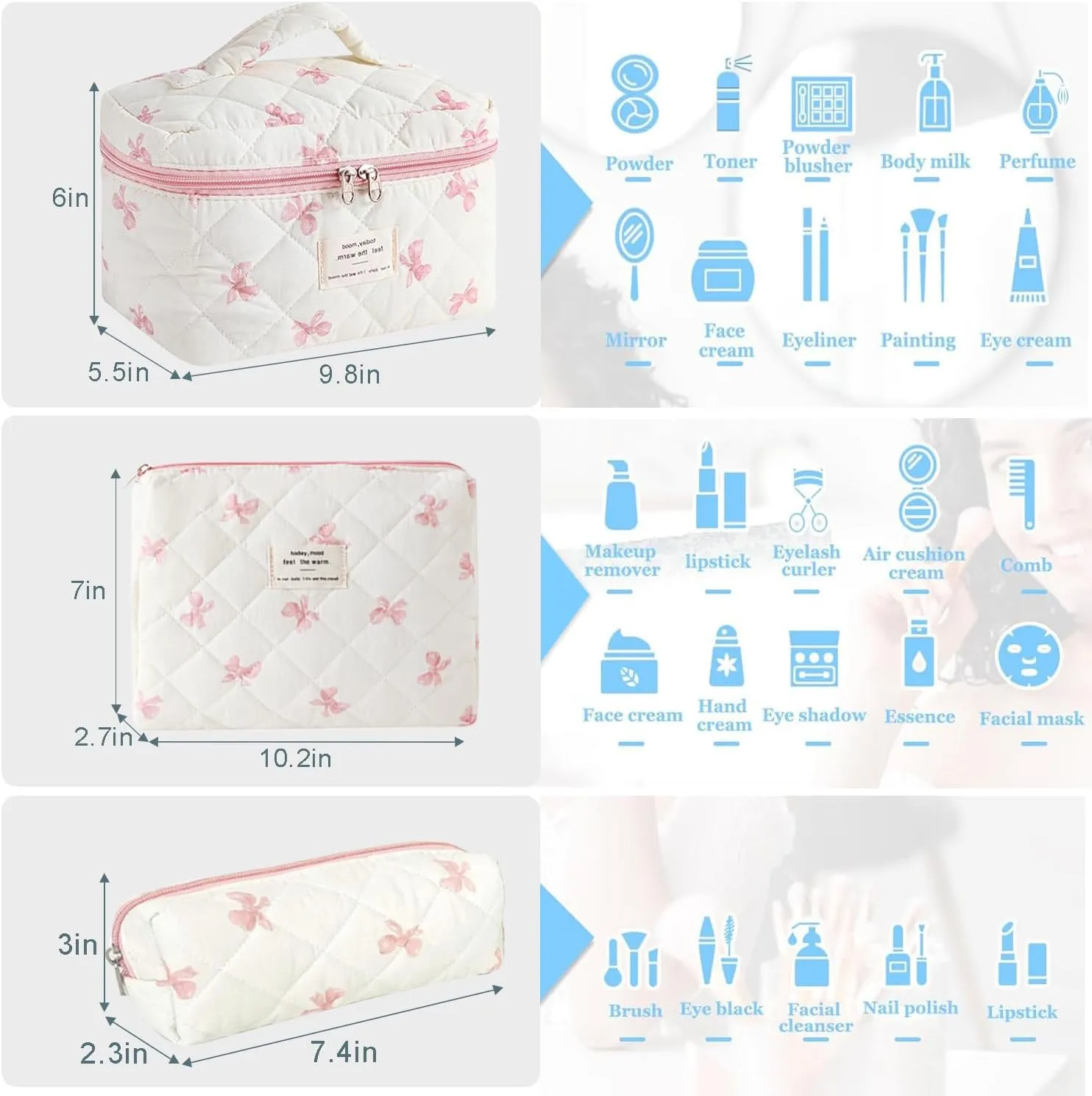 3 Pcs Cotton Quilted Makeup Bag Set, Floral Cotton Cosmetic Bag, Aesthetic Toiletry Travel Organizer Bag for Women (White-Pink Bow)