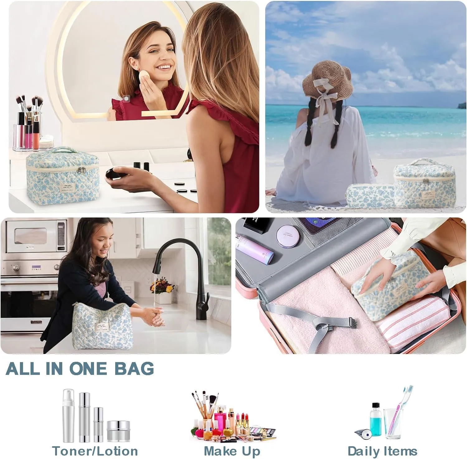 3 Pcs Cotton Quilted Makeup Bag Set, Floral Cotton Cosmetic Bag, Aesthetic Toiletry Travel Organizer Bag for Women (White-Pink Bow)