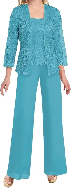 3 Piece Mother of The Bride Pant Suits with Jacket Chiffon Elegant Wedding Guest Party Formal Outfit