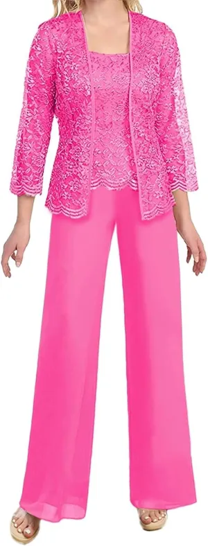 3 Piece Mother of The Bride Pant Suits with Jacket Chiffon Elegant Wedding Guest Party Formal Outfit