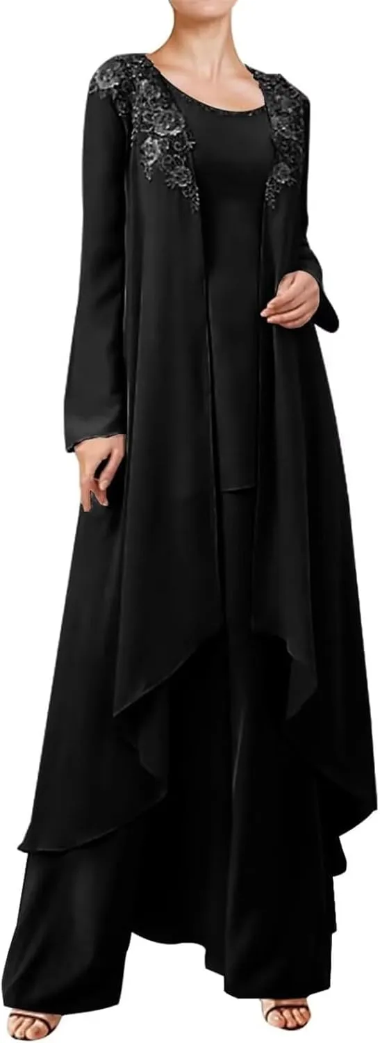 3 Pieces Mother of The Bride Dresses Pant Suits for Wedding Guest Groom Outfit Set with Long Chiffon Jacket