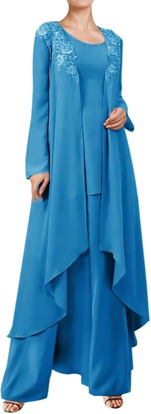 3 Pieces Mother of The Bride Dresses Pant Suits for Wedding Guest Groom Outfit Set with Long Chiffon Jacket