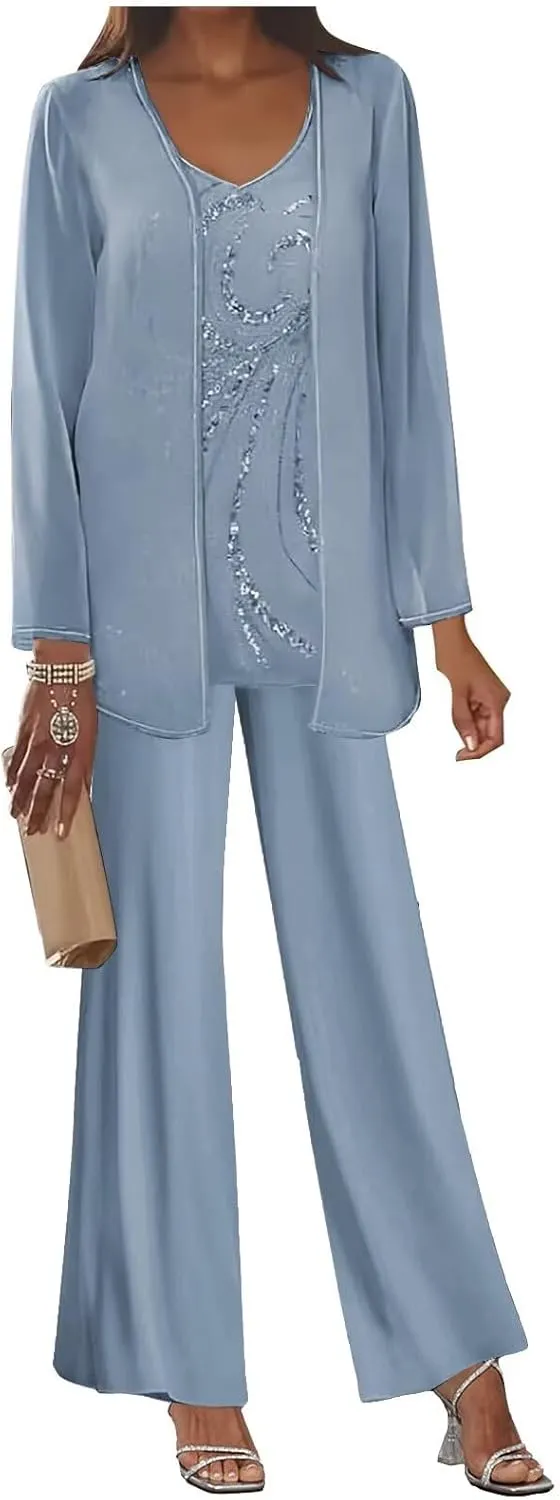 3 Pieces Mother of The Bride Pant Suits for Women Dressy Long Sleeve Wedding Formal Evening Outfit Set with Jacket