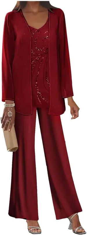 3 Pieces Mother of The Bride Pant Suits for Women Dressy Long Sleeve Wedding Formal Evening Outfit Set with Jacket