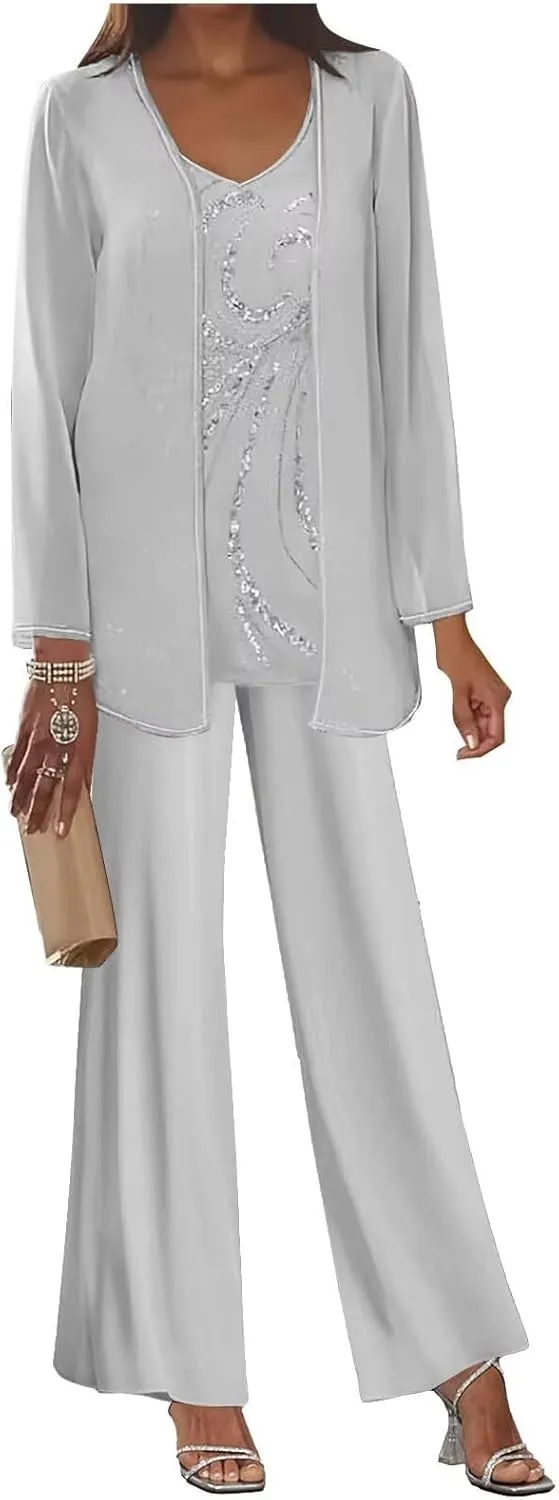3 Pieces Mother of The Bride Pant Suits for Women Dressy Long Sleeve Wedding Formal Evening Outfit Set with Jacket
